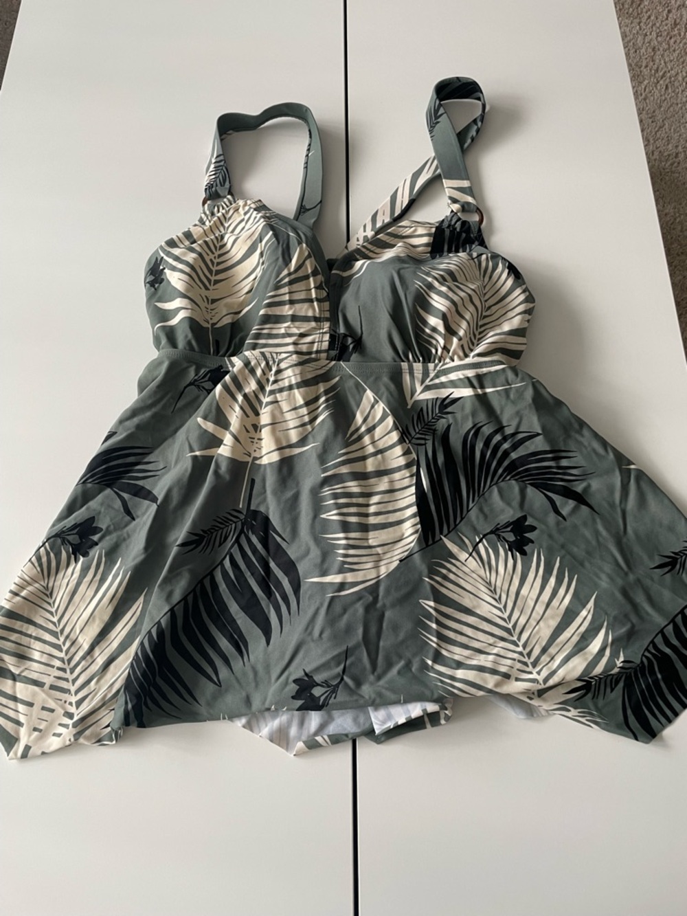 Kona Sol Green Palm Print Tankini Top with Cream and Black Leaves
